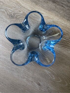 Blue Tiffin glass ashtray with scalloped shape midcentury modern